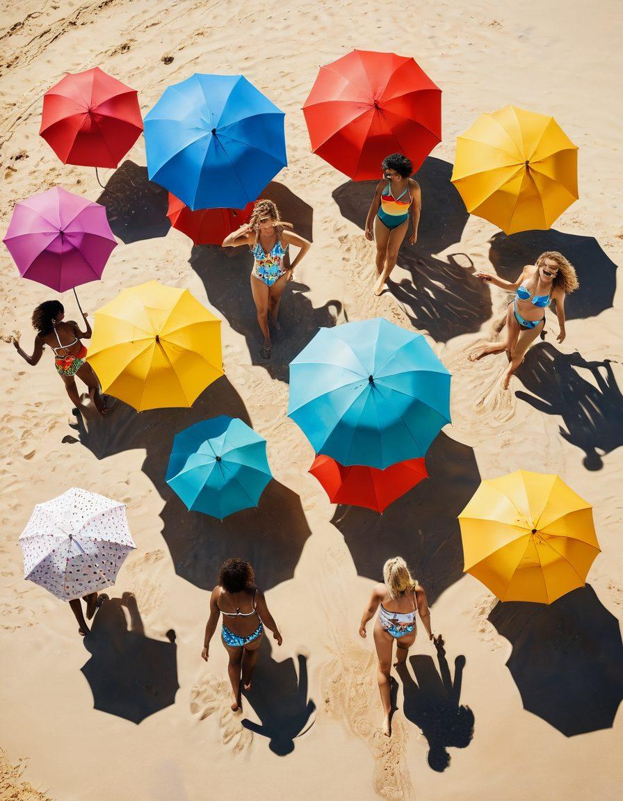 A vibrant beach scene featuring diverse individuals showcasing unique swimwear styles that reflect their MBTI personality types. Include colorful beach umbrellas, soft sand, and clear blue water, while emphasizing different personalities through hairstyle, accessories, and poses. Incorporate a sunny atmosphere with playful waves in the background. Inspire creativity and self-expression. tropical vibes. super-realistic. vibrant colors.